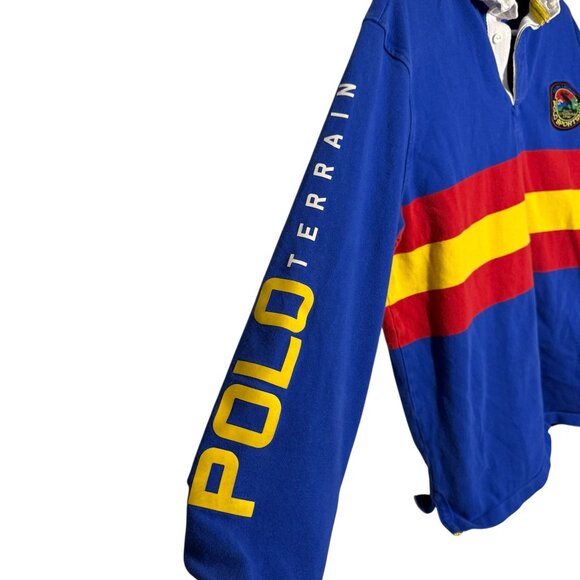 Ralph Lauren Polo Country Rugby Shirt L/S Blue Yellow Red Stripes Terrain Logo - Picture 6 of 7